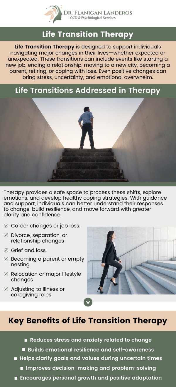 Life Transition Therapy helps individuals navigate significant changes such as career shifts, relationship changes, or personal growth challenges. It provides emotional support and practical tools to manage stress, build resilience, and adapt to new life circumstances. This therapy helps individuals embrace change, fostering personal growth and a sense of clarity. Dr. Katie Flanigan-Landeros, a licensed Clinical Psychologist, offers personalized therapy to guide you through these transitions. For more information, contact us or schedule an appointment online. We are conveniently located at 400 Continental Blvd FL 6, Suite A El Segundo, CA 90245. Life Transition Therapy helps individuals navigate significant changes such as career shifts, relationship changes, or personal growth challenges. It provides emotional support and practical tools to manage stress, build resilience, and adapt to new life circumstances. This therapy helps individuals embrace change, fostering personal growth and a sense of clarity. Dr. Katie Flanigan-Landeros, a licensed Clinical Psychologist, offers personalized therapy to guide you through these transitions. For more information, contact us or schedule an appointment online. We are conveniently located at 400 Continental Blvd FL 6, Suite A El Segundo, CA 90245.