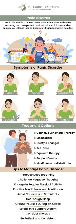 Dr. Katie Flanigan-Landeros, Clinical Psychologist, offers treatment for panic disorder, which involves recurring panic attacks marked by sudden fear or discomfort. Symptoms include a rapid heartbeat, sweating, trembling, shortness of breath, chest pain, and feelings of choking. Individuals may also experience dizziness, chills, or a fear of losing control or dying during an attack. For more information, contact us or schedule an appointment online. We are conveniently located at 400 Continental Blvd FL 6, Suite A El Segundo, CA 90245.